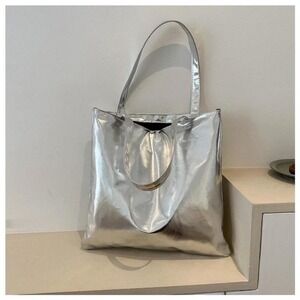 Silver Metallic Tote Bag Women's Shoulder Bag Shiny Fashion Handbag Purse